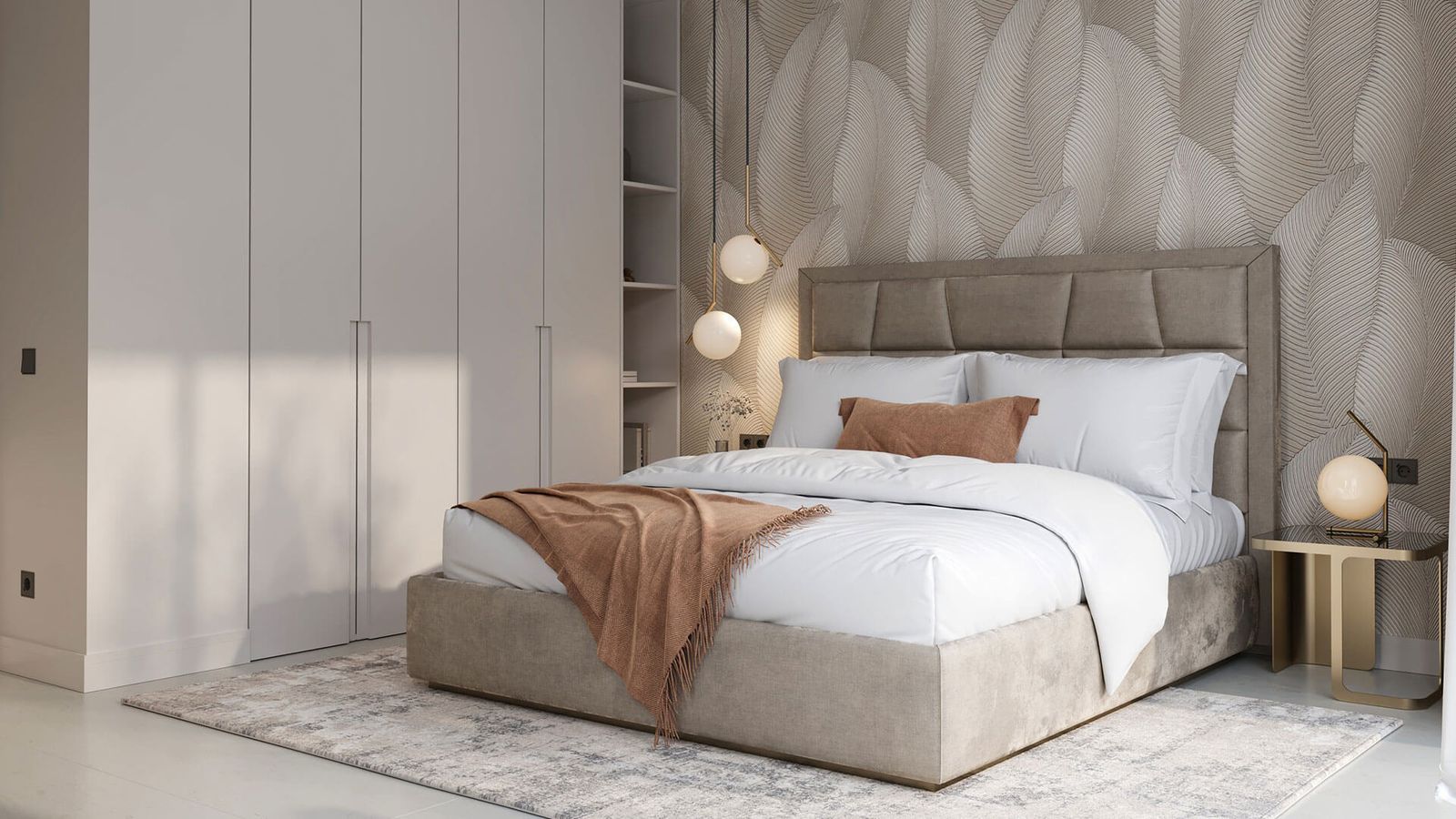 Stijlvolle slaapkamer in Sirocco Villa's met bed, kledingkast en decoratie.