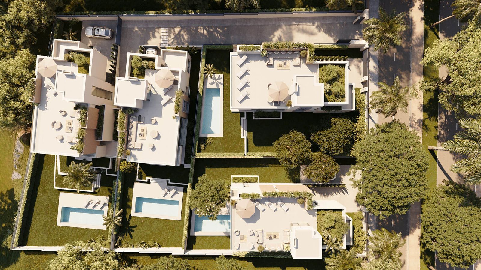 Luchtfoto van Sirocco Villas met zwembaden en terrassen.