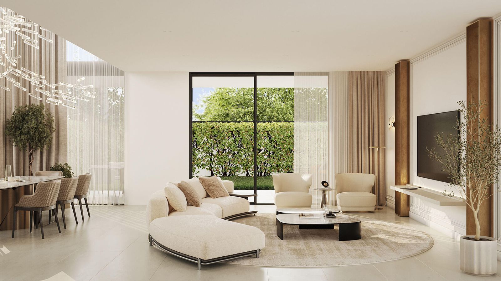 Moderne stue med udsigt til haven i Sirocco Villas