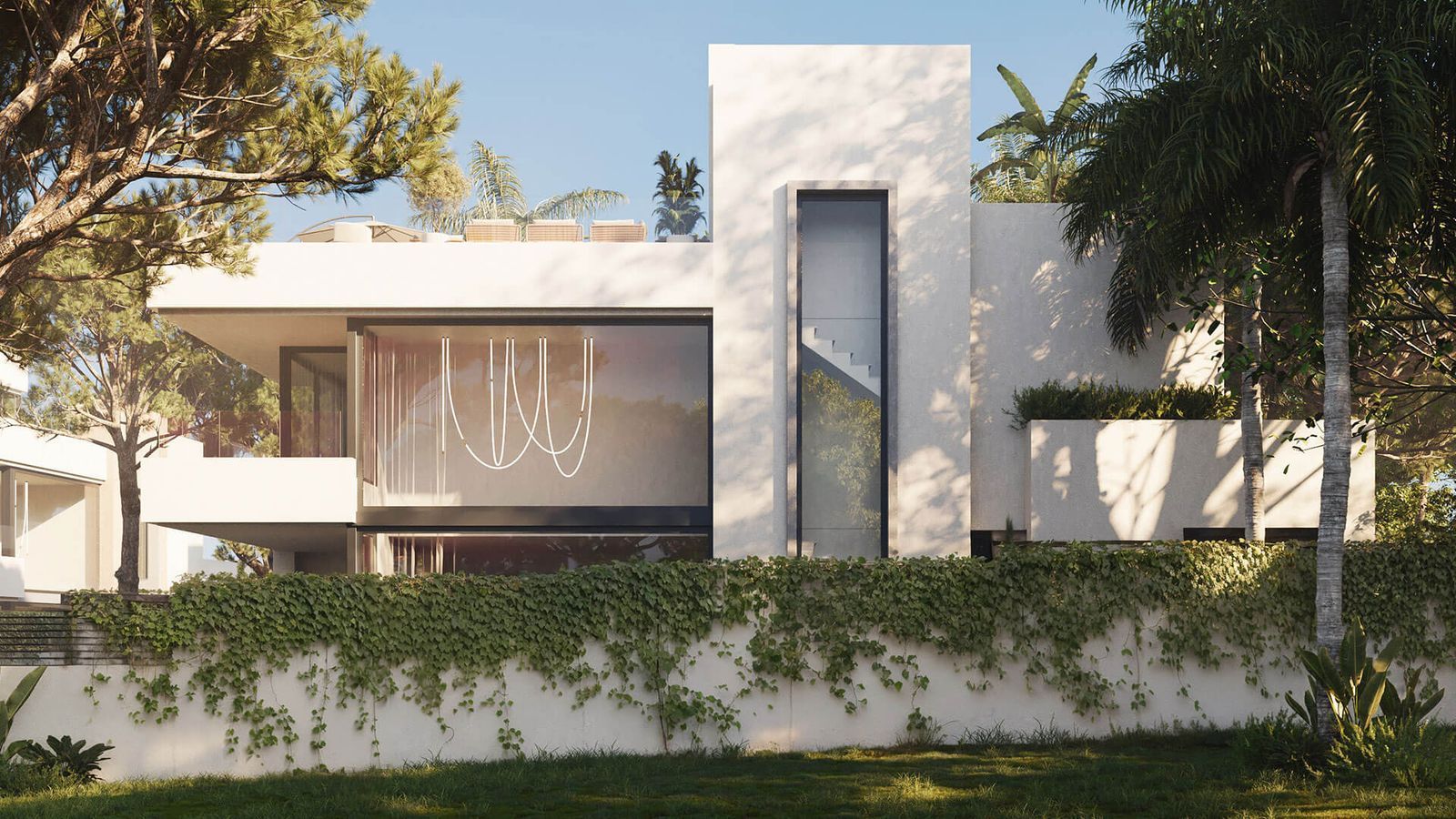 Udvendig udsigt over en moderne villa med bæredygtigt design og grønne omgivelser.